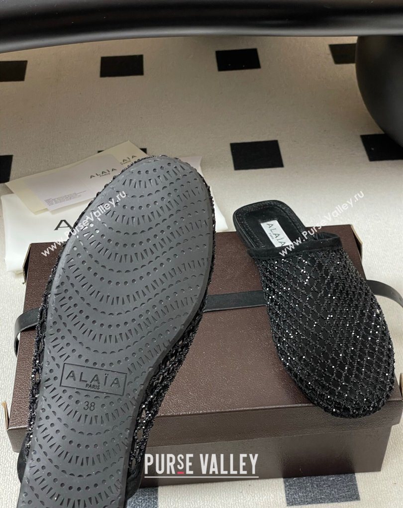 Alaia Flat Mules in Fishnet and Suede with Strass Black 2025 AL020703 (MD-260207057)