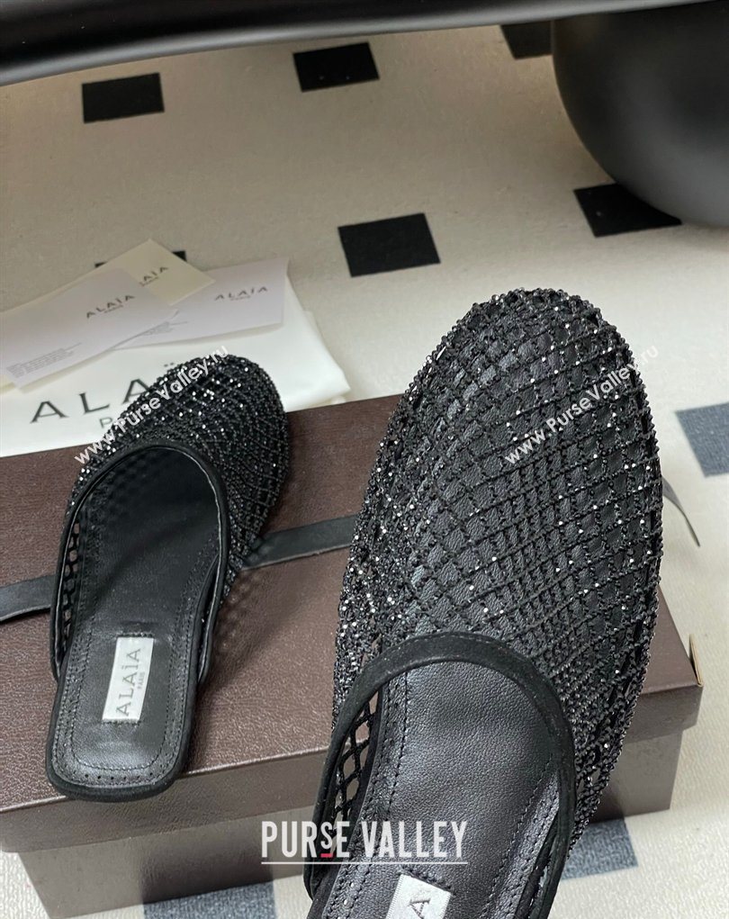 Alaia Flat Mules in Fishnet and Suede with Strass Black 2025 AL020703 (MD-260207057)