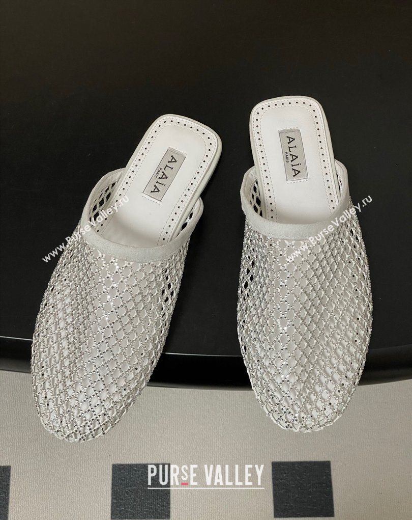 Alaia Flat Mules in Fishnet and Suede with Strass White 2025 AL020703 (MD-260207058)