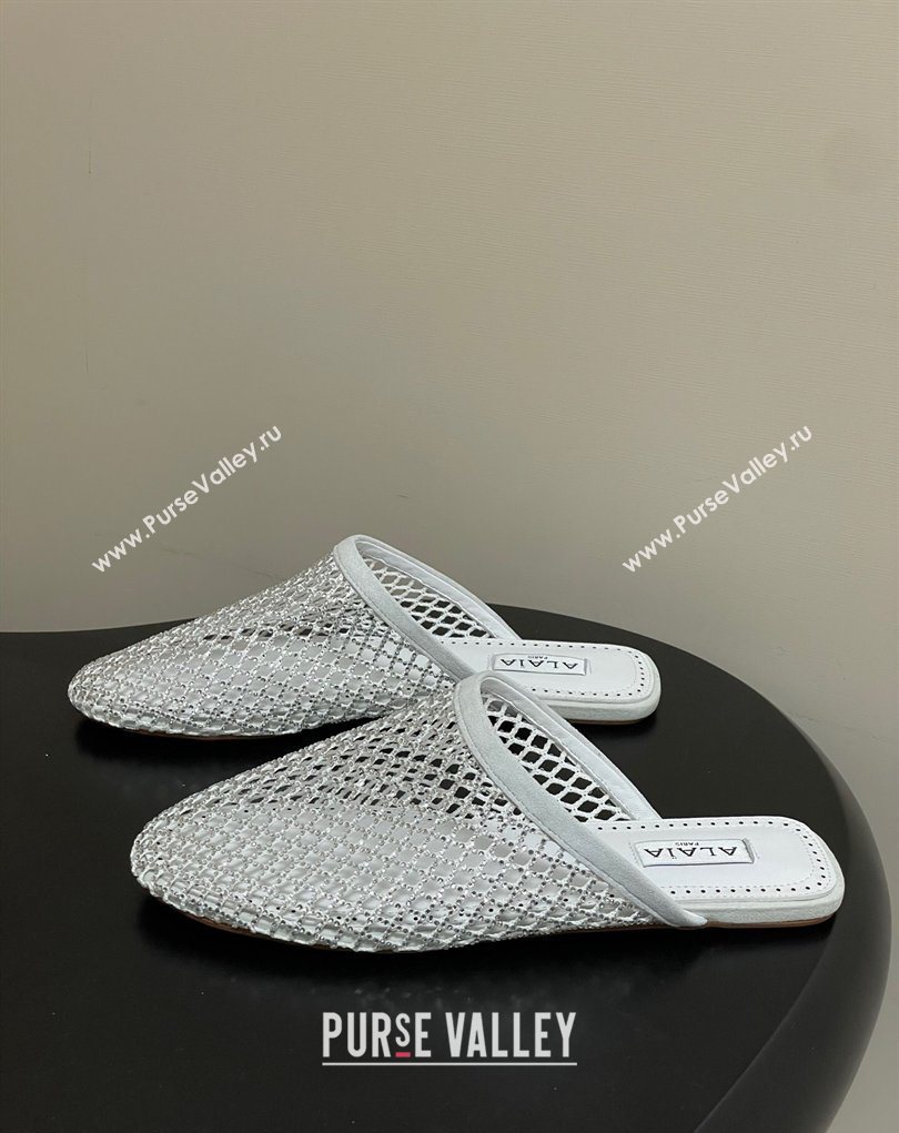 Alaia Flat Mules in Fishnet and Suede with Strass White 2025 AL020703 (MD-260207058)