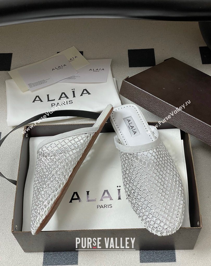 Alaia Flat Mules in Fishnet and Suede with Strass White 2025 AL020703 (MD-260207058)