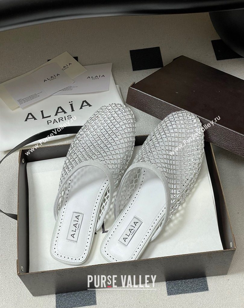 Alaia Flat Mules in Fishnet and Suede with Strass White 2025 AL020703 (MD-260207058)