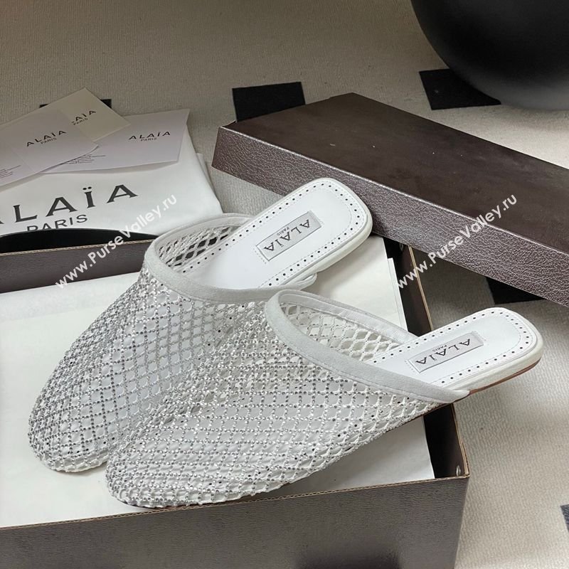 Alaia Flat Mules in Fishnet and Suede with Strass White 2025 AL020703 (MD-260207058)