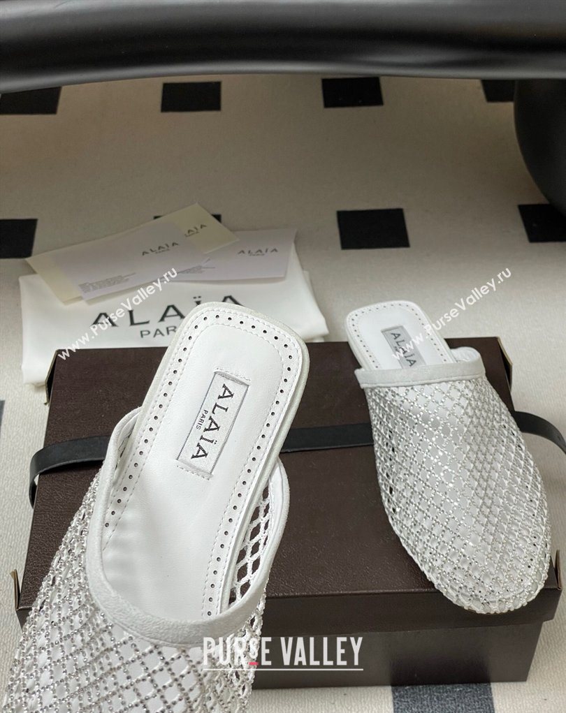 Alaia Flat Mules in Fishnet and Suede with Strass White 2025 AL020703 (MD-260207058)