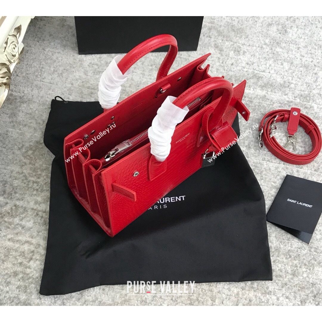 Saint Laurent Classic Baby Sac De Jour Bag in Embossed Crocodile Leather Red 2021 (YID-210827058)