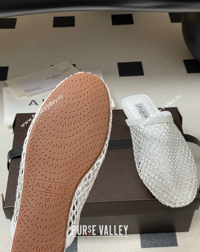 Alaia Flat Mules in Fishnet and Suede with Strass White 2025 AL020703 (MD-260207058)
