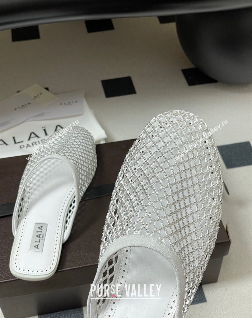 Alaia Flat Mules in Fishnet and Suede with Strass White 2025 AL020703 (MD-260207058)