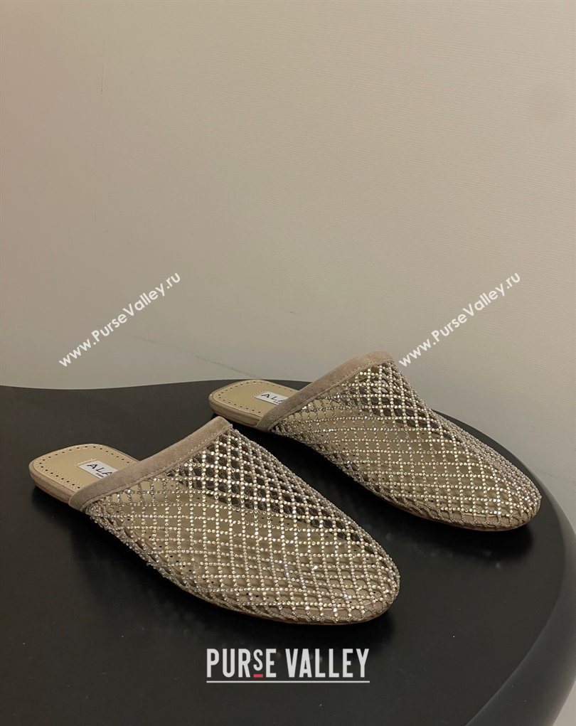 Alaia Flat Mules in Fishnet and Suede with Strass Beige 2025 AL020703 (MD-260207059)