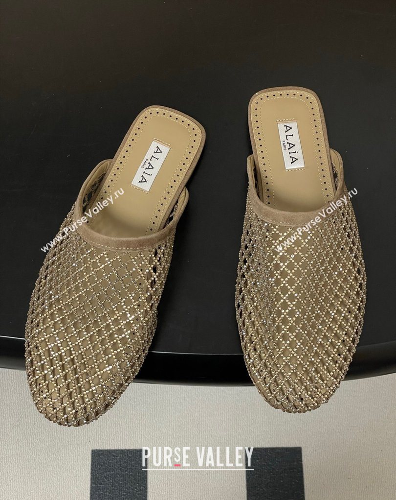 Alaia Flat Mules in Fishnet and Suede with Strass Beige 2025 AL020703 (MD-260207059)