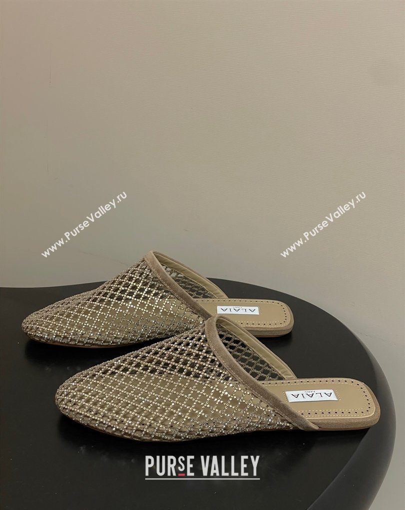 Alaia Flat Mules in Fishnet and Suede with Strass Beige 2025 AL020703 (MD-260207059)