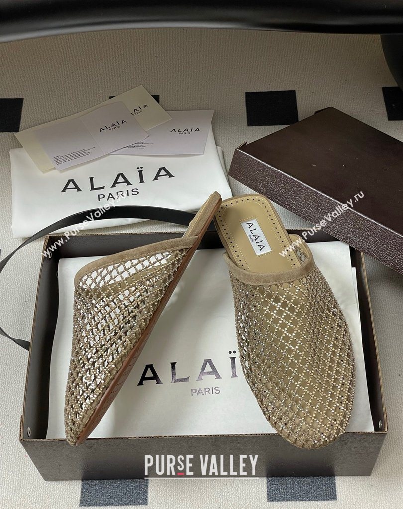 Alaia Flat Mules in Fishnet and Suede with Strass Beige 2025 AL020703 (MD-260207059)