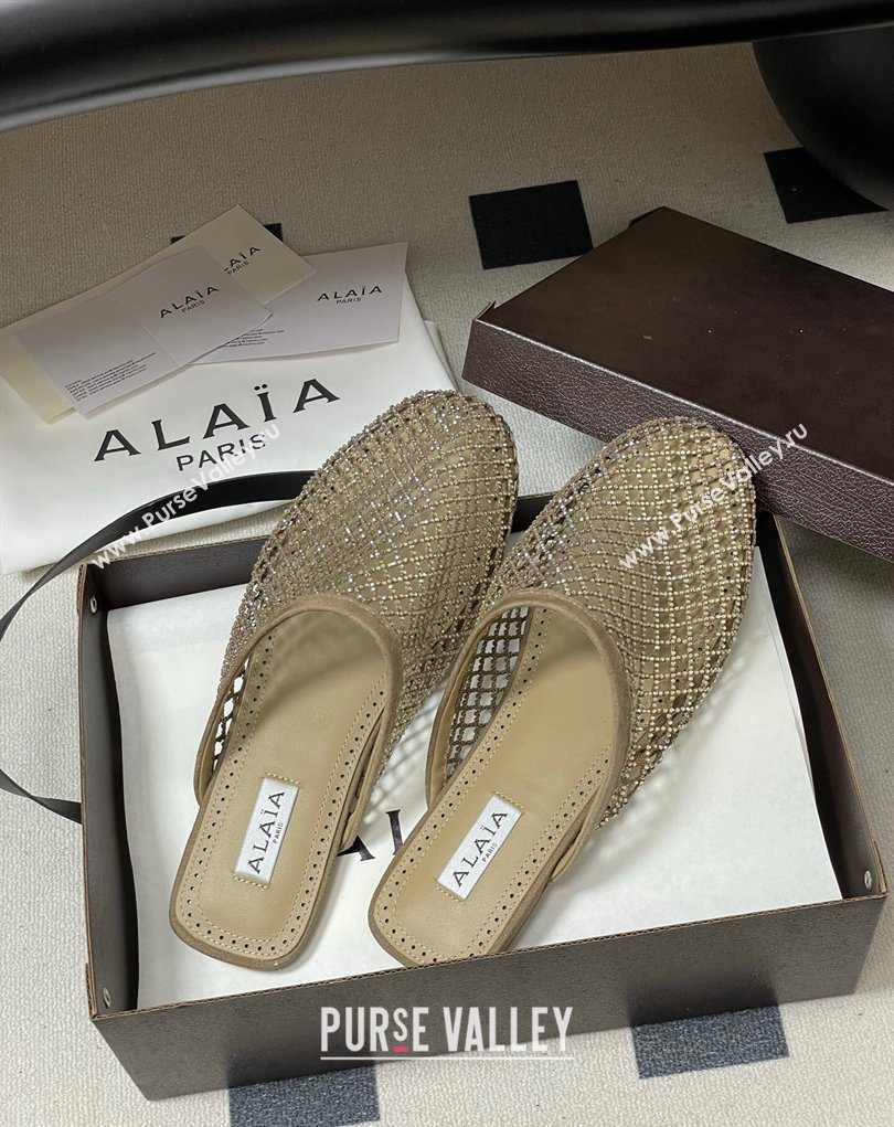 Alaia Flat Mules in Fishnet and Suede with Strass Beige 2025 AL020703 (MD-260207059)