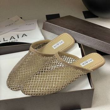 Alaia Flat Mules in Fishnet and Suede with Strass Beige 2025 AL020703 (MD-260207059)