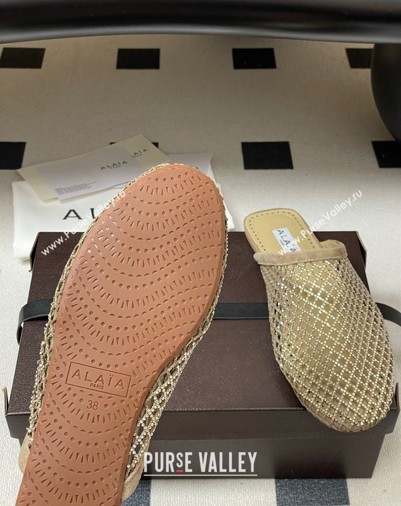 Alaia Flat Mules in Fishnet and Suede with Strass Beige 2025 AL020703 (MD-260207059)