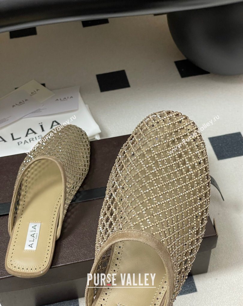 Alaia Flat Mules in Fishnet and Suede with Strass Beige 2025 AL020703 (MD-260207059)