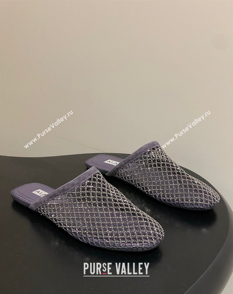 Alaia Flat Mules in Fishnet and Suede with Strass Purple 2025 AL020703 (MD-260207060)
