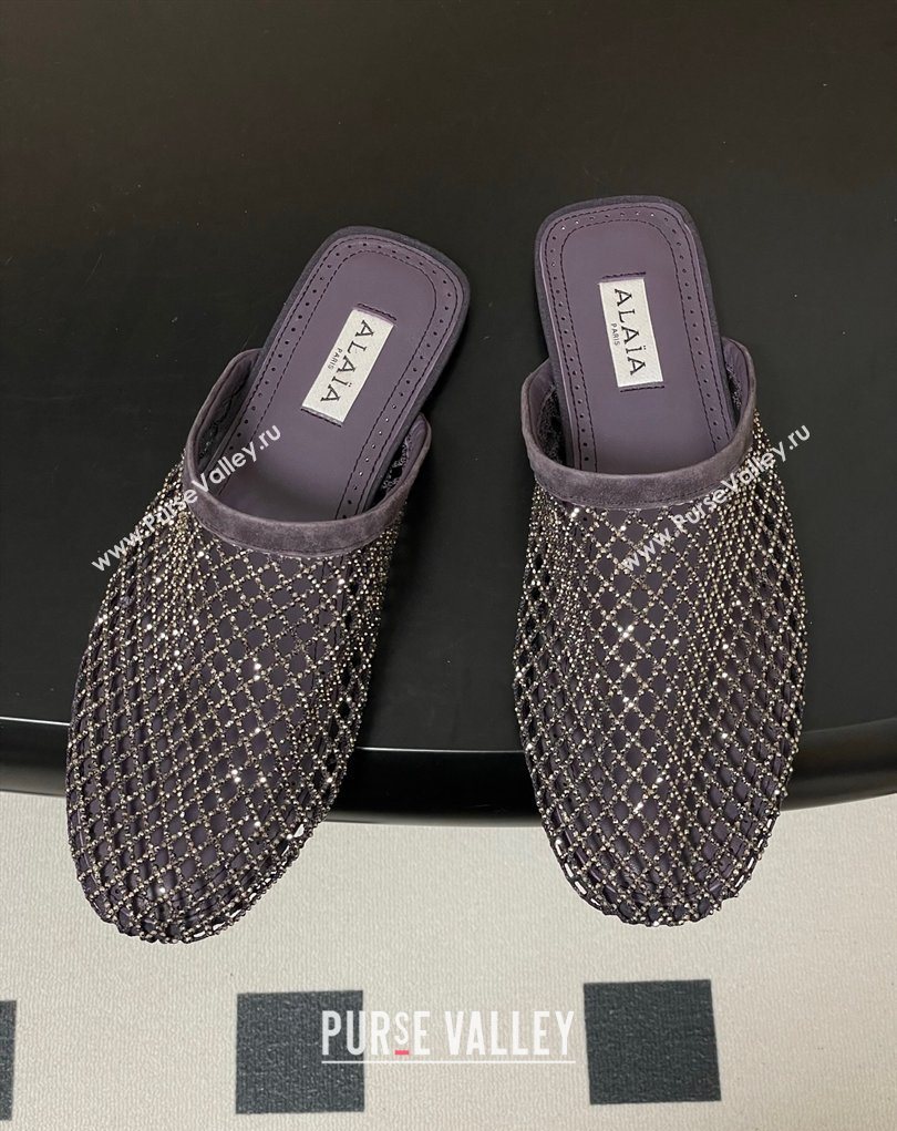 Alaia Flat Mules in Fishnet and Suede with Strass Purple 2025 AL020703 (MD-260207060)