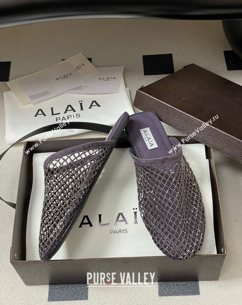 Alaia Flat Mules in Fishnet and Suede with Strass Purple 2025 AL020703 (MD-260207060)