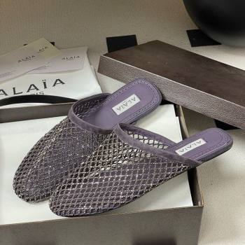 Alaia Flat Mules in Fishnet and Suede with Strass Purple 2025 AL020703 (MD-260207060)