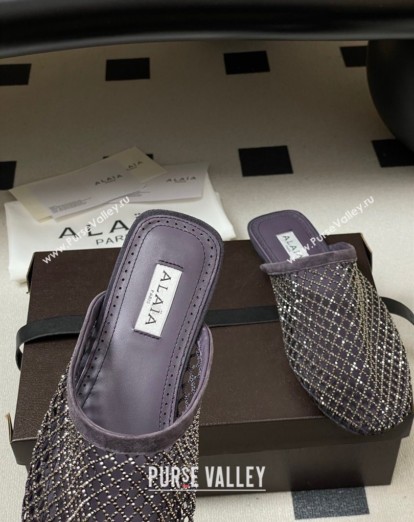 Alaia Flat Mules in Fishnet and Suede with Strass Purple 2025 AL020703 (MD-260207060)