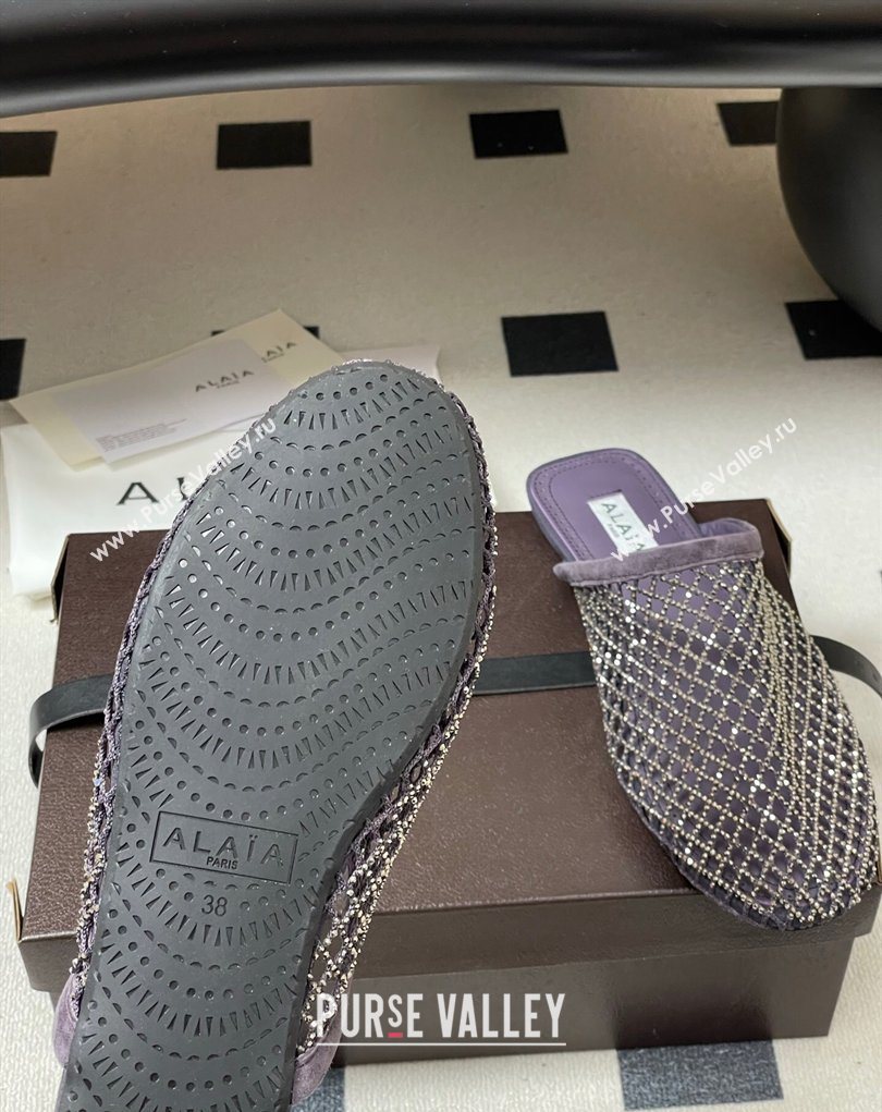 Alaia Flat Mules in Fishnet and Suede with Strass Purple 2025 AL020703 (MD-260207060)