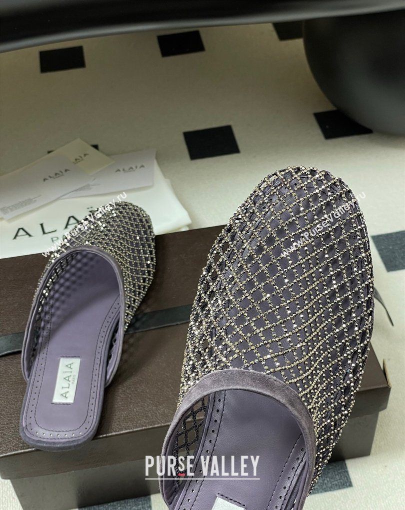 Alaia Flat Mules in Fishnet and Suede with Strass Purple 2025 AL020703 (MD-260207060)