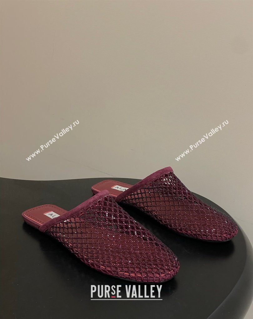 Alaia Flat Mules in Fishnet and Suede with Strass Burgundy 2025 AL020703 (MD-260207061)