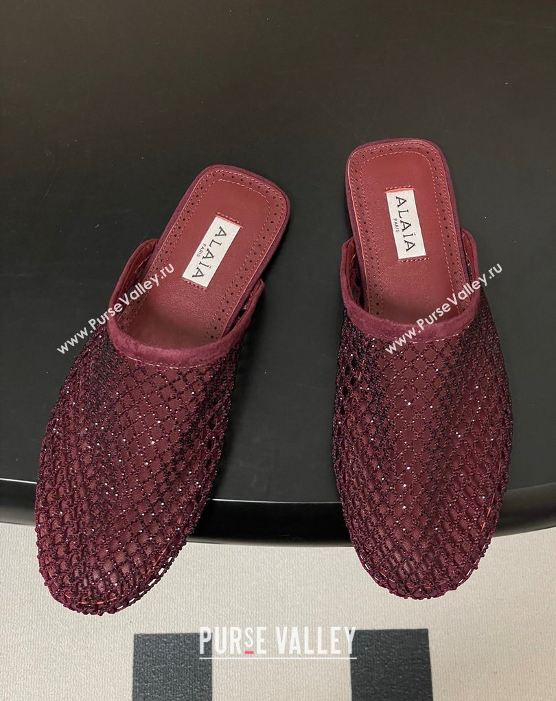 Alaia Flat Mules in Fishnet and Suede with Strass Burgundy 2025 AL020703 (MD-260207061)