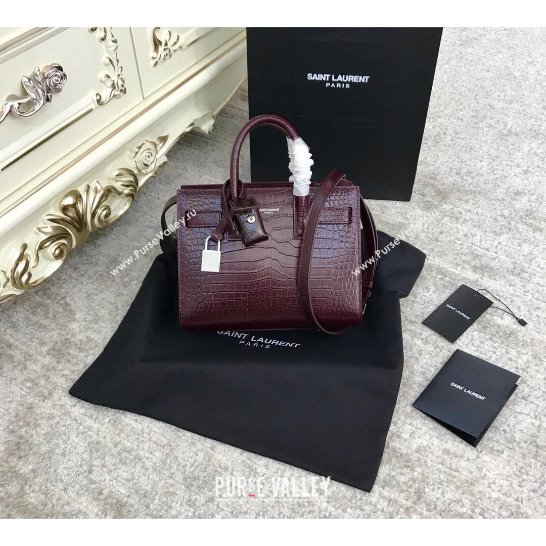 Saint Laurent Classic Nano Sac De Jour Bag in Embossed Crocodile Leather Burgundy 2021 (YID-210827063)