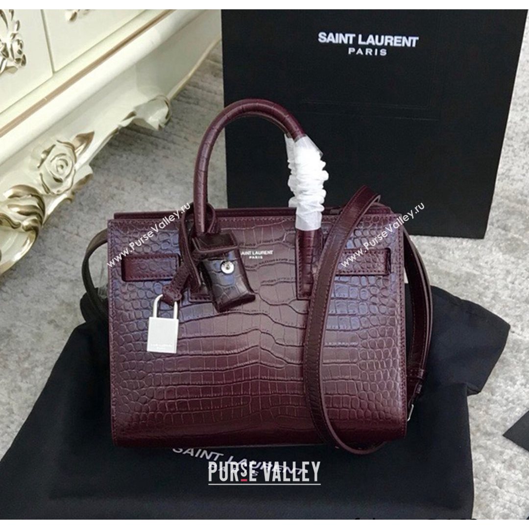 Saint Laurent Classic Nano Sac De Jour Bag in Embossed Crocodile Leather Burgundy 2021 (YID-210827063)