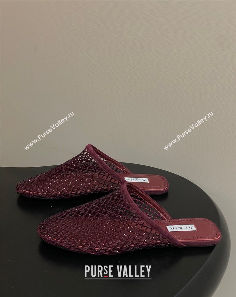 Alaia Flat Mules in Fishnet and Suede with Strass Burgundy 2025 AL020703 (MD-260207061)