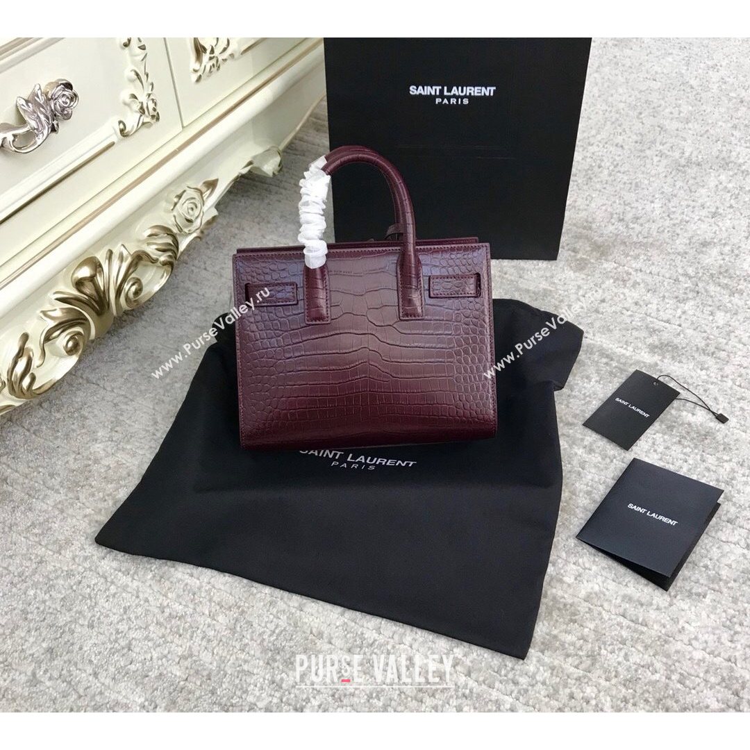 Saint Laurent Classic Nano Sac De Jour Bag in Embossed Crocodile Leather Burgundy 2021 (YID-210827063)