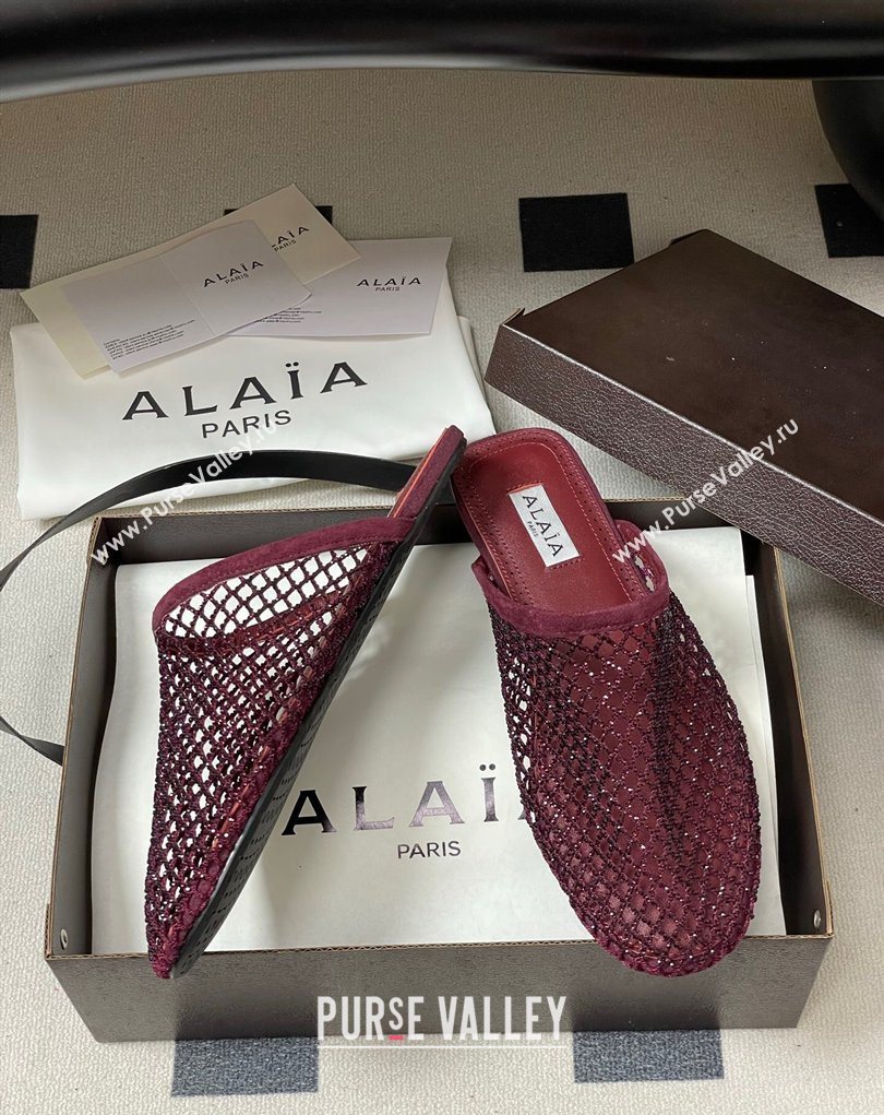 Alaia Flat Mules in Fishnet and Suede with Strass Burgundy 2025 AL020703 (MD-260207061)