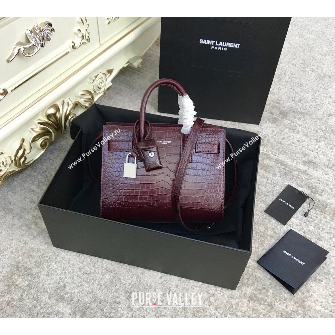 Saint Laurent Classic Nano Sac De Jour Bag in Embossed Crocodile Leather Burgundy 2021 (YID-210827063)