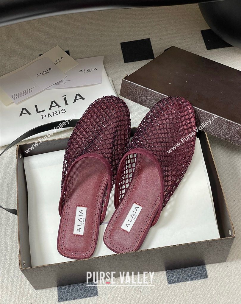 Alaia Flat Mules in Fishnet and Suede with Strass Burgundy 2025 AL020703 (MD-260207061)