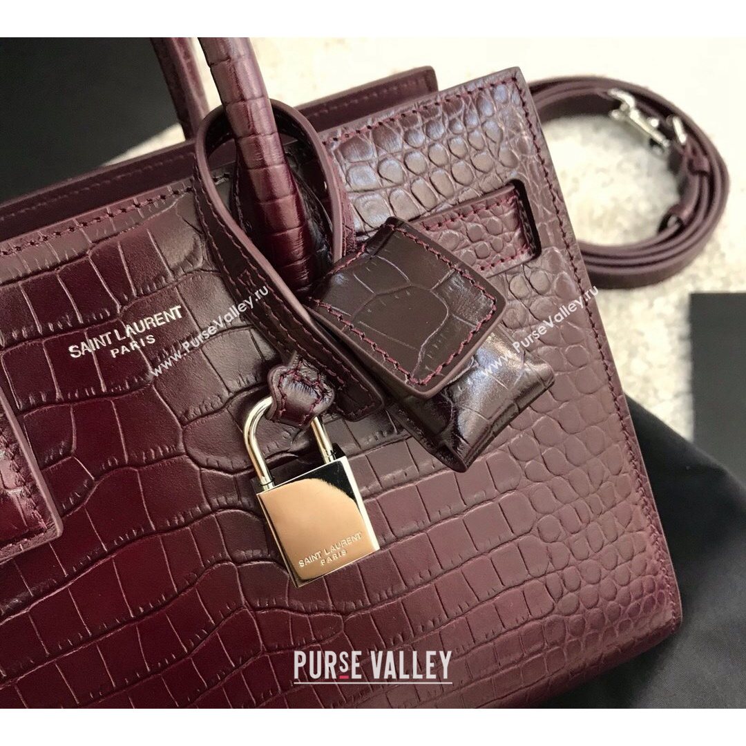 Saint Laurent Classic Nano Sac De Jour Bag in Embossed Crocodile Leather Burgundy 2021 (YID-210827063)