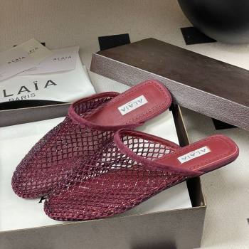 Alaia Flat Mules in Fishnet and Suede with Strass Burgundy 2025 AL020703 (MD-260207061)