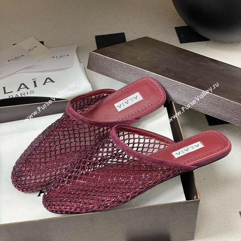 Alaia Flat Mules in Fishnet and Suede with Strass Burgundy 2025 AL020703 (MD-260207061)