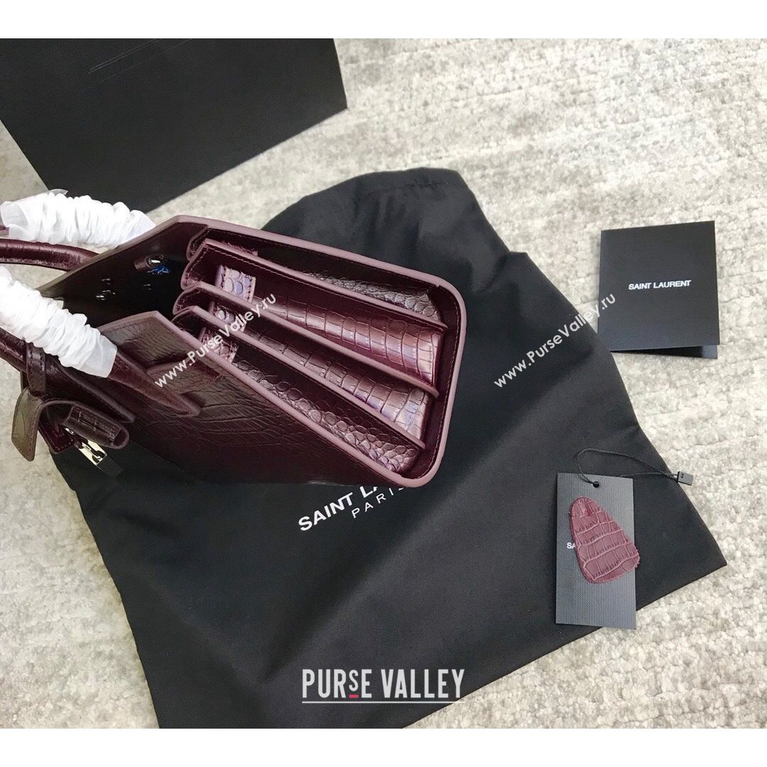 Saint Laurent Classic Nano Sac De Jour Bag in Embossed Crocodile Leather Burgundy 2021 (YID-210827063)