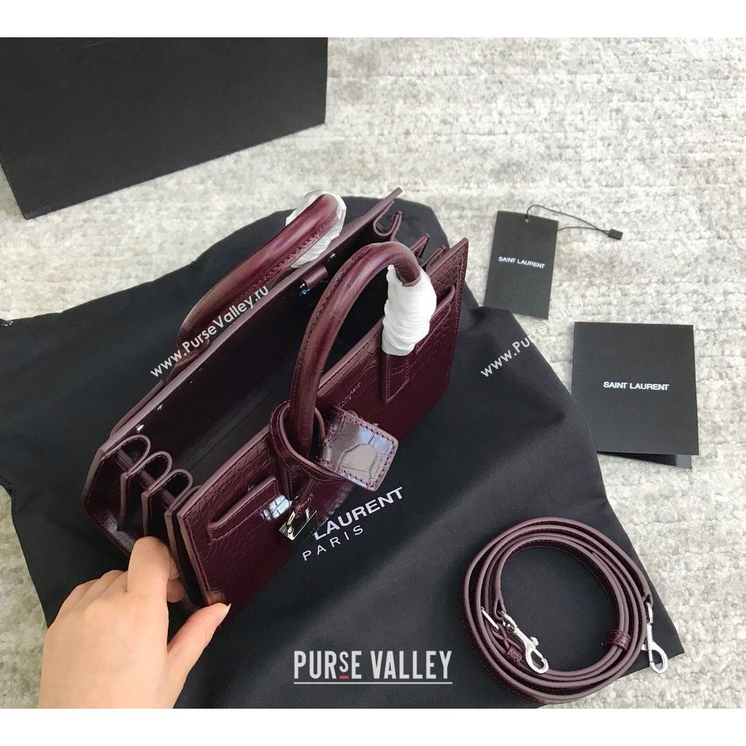 Saint Laurent Classic Nano Sac De Jour Bag in Embossed Crocodile Leather Burgundy 2021 (YID-210827063)