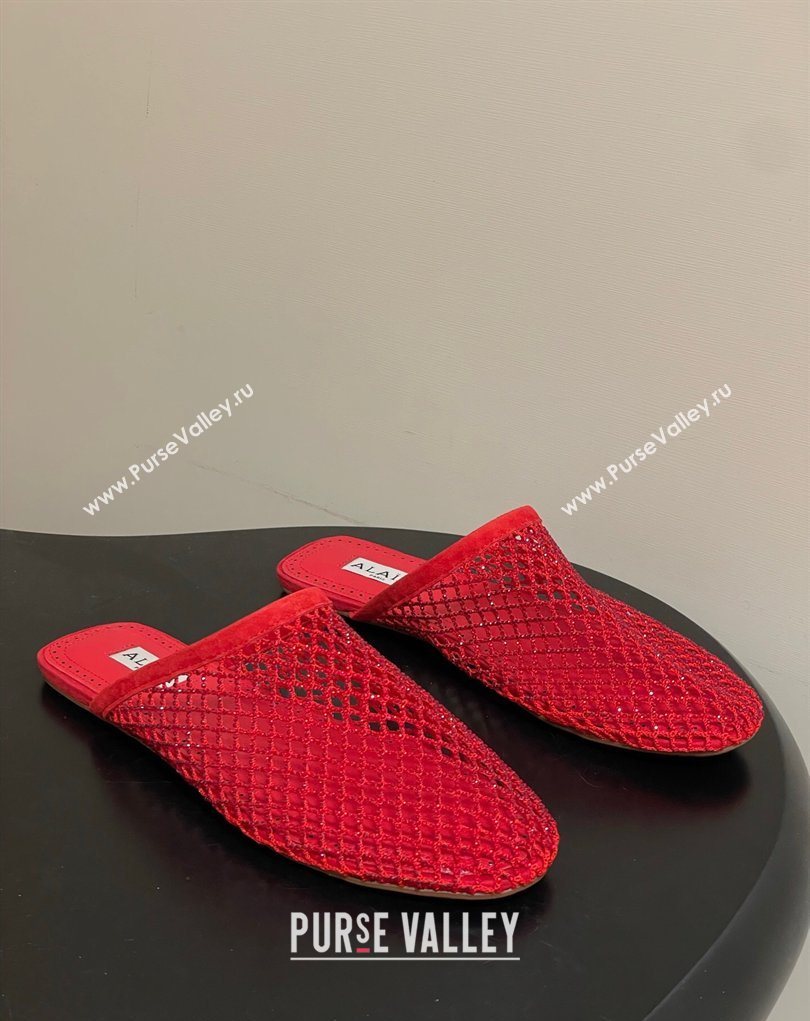 Alaia Flat Mules in Fishnet and Suede with Strass Red 2025 AL020703 (MD-260207062)