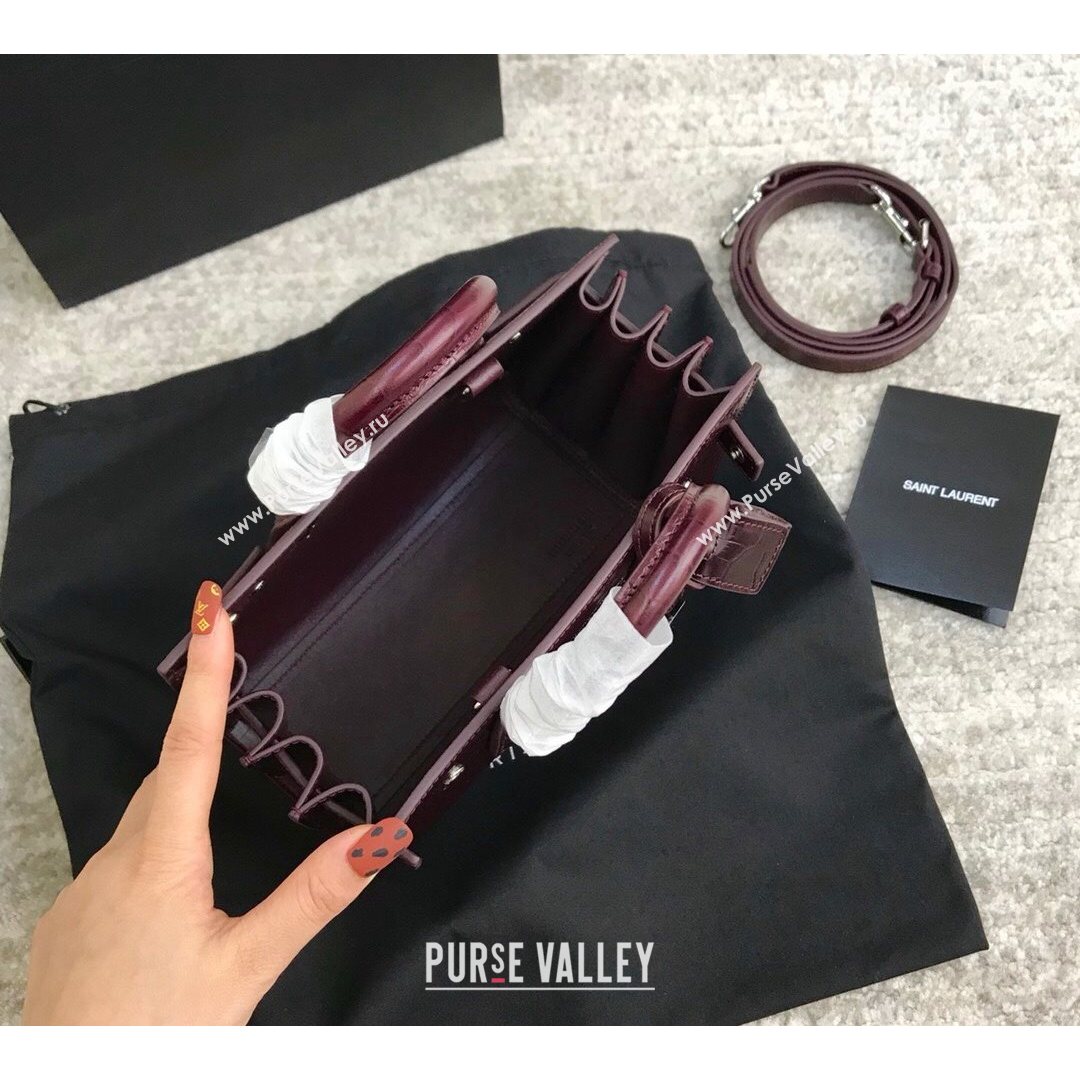 Saint Laurent Classic Nano Sac De Jour Bag in Embossed Crocodile Leather Burgundy 2021 (YID-210827063)