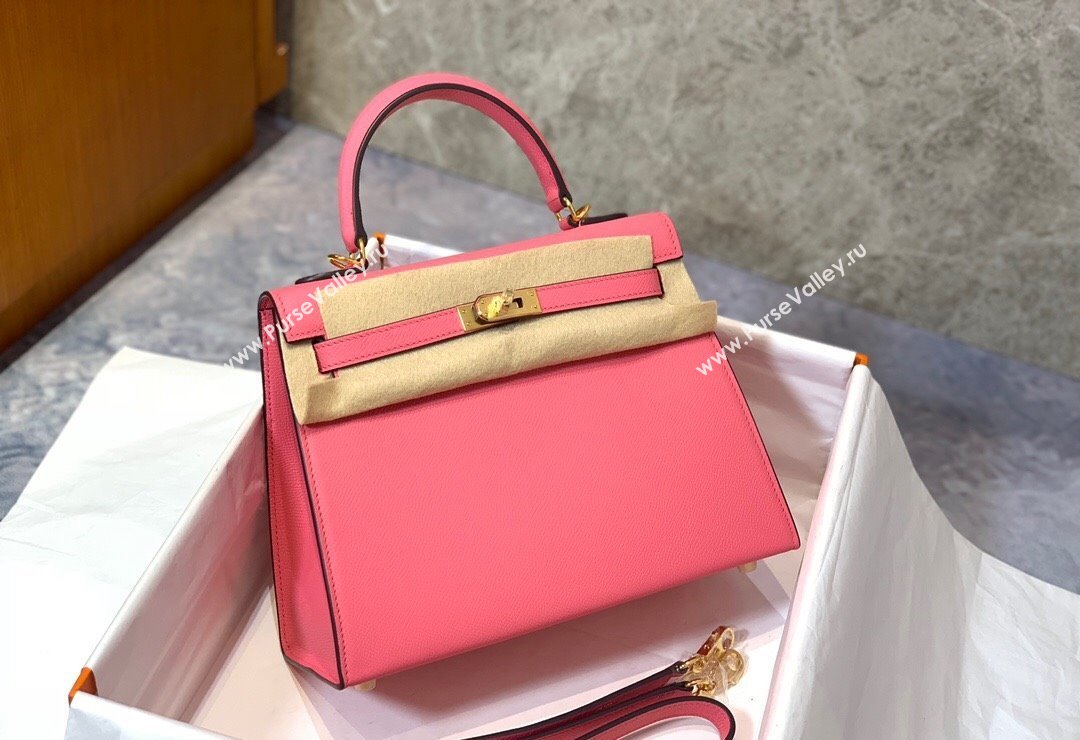 Hermes Kelly 25/28cm Bag in Original Epsom Leather Lipstick Pink/Gold 2024 (Handmand) (M-24021926)