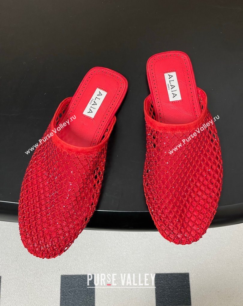 Alaia Flat Mules in Fishnet and Suede with Strass Red 2025 AL020703 (MD-260207062)