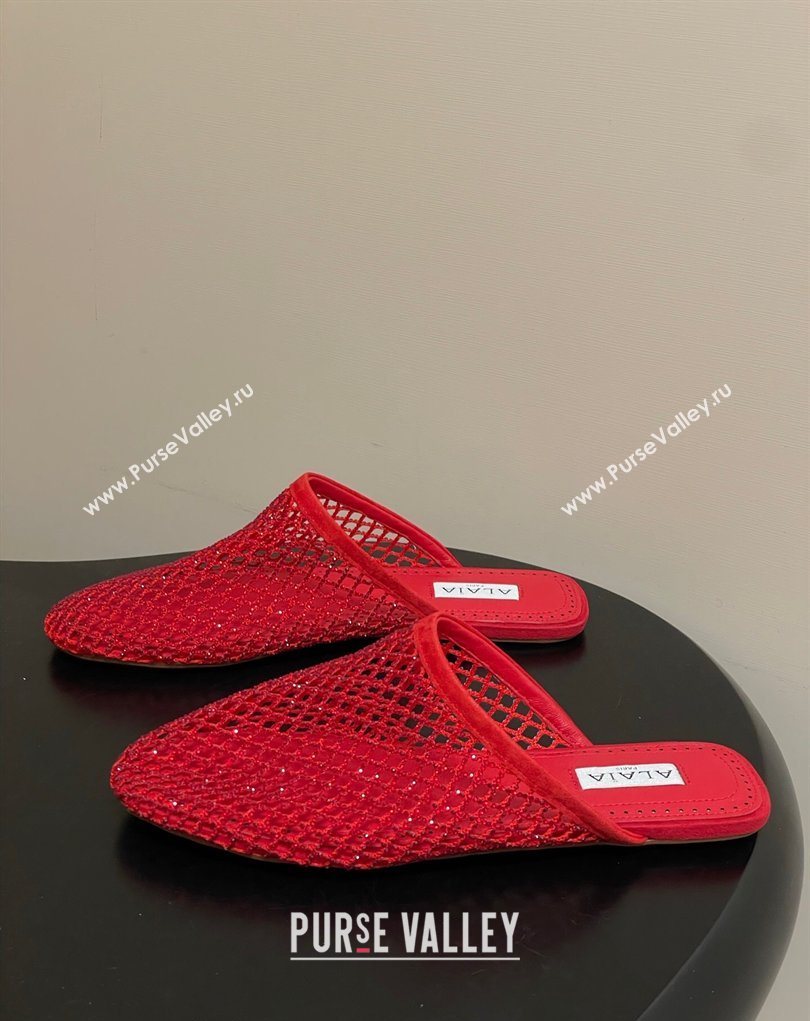 Alaia Flat Mules in Fishnet and Suede with Strass Red 2025 AL020703 (MD-260207062)