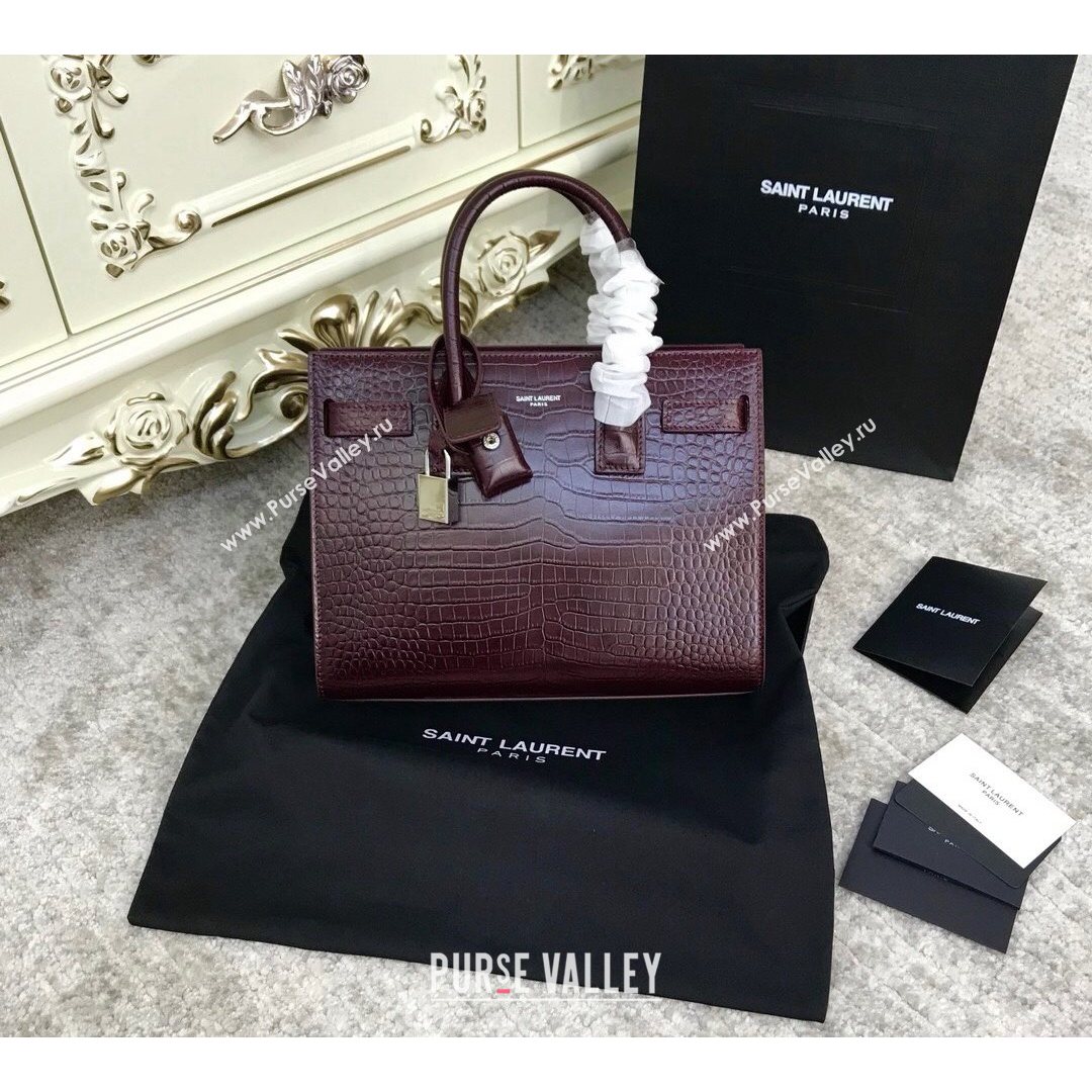 Saint Laurent Classic Baby Sac De Jour Bag in Embossed Crocodile Leather Burgundy 2021 (YID-210827064)