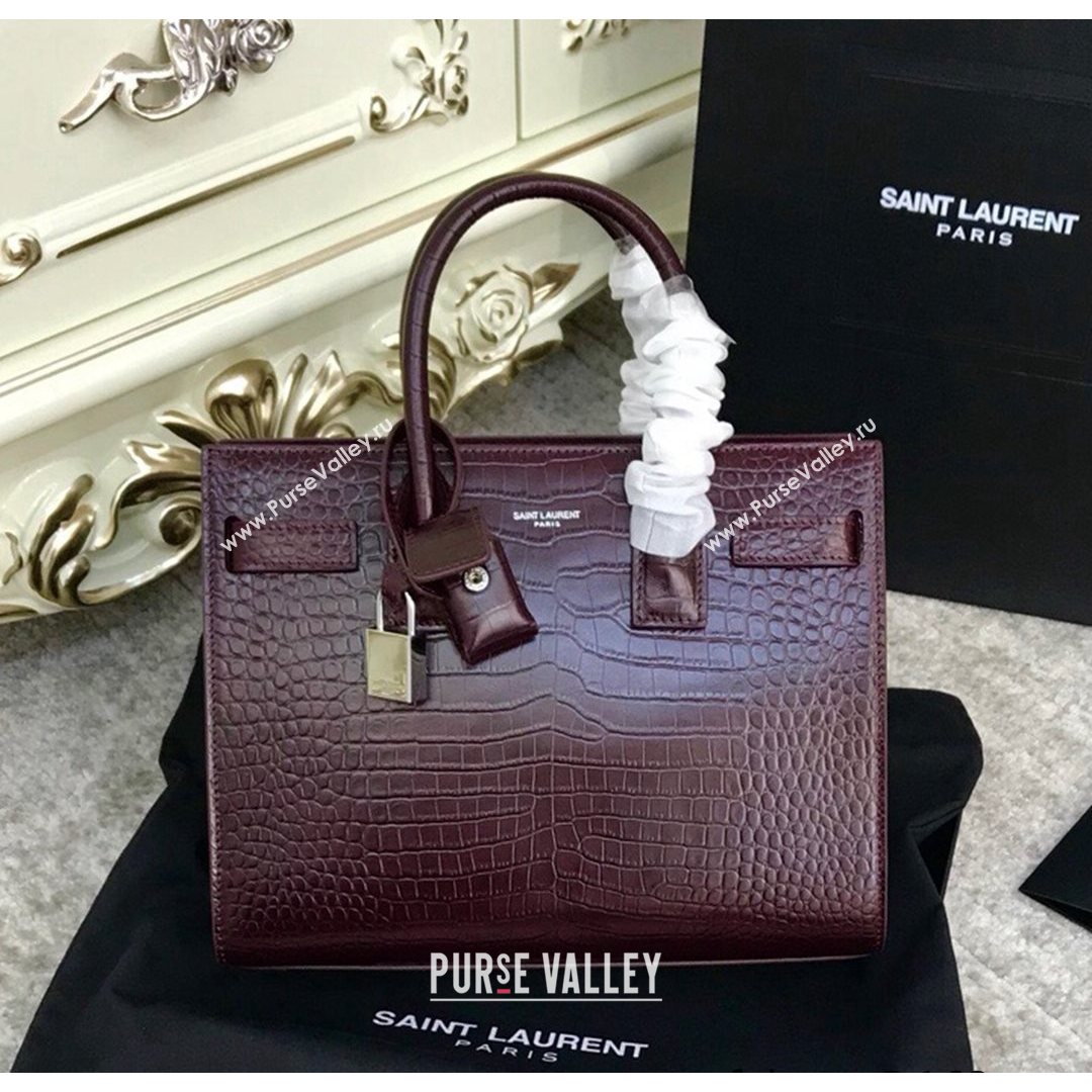 Saint Laurent Classic Baby Sac De Jour Bag in Embossed Crocodile Leather Burgundy 2021 (YID-210827064)