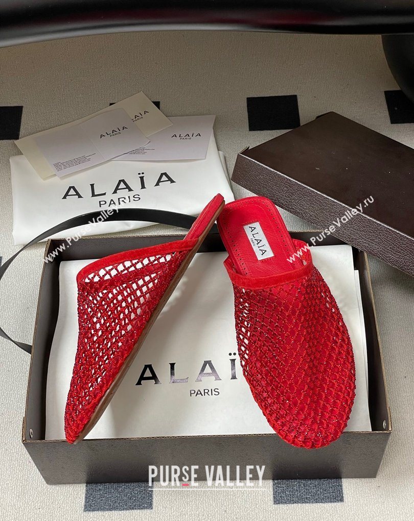 Alaia Flat Mules in Fishnet and Suede with Strass Red 2025 AL020703 (MD-260207062)