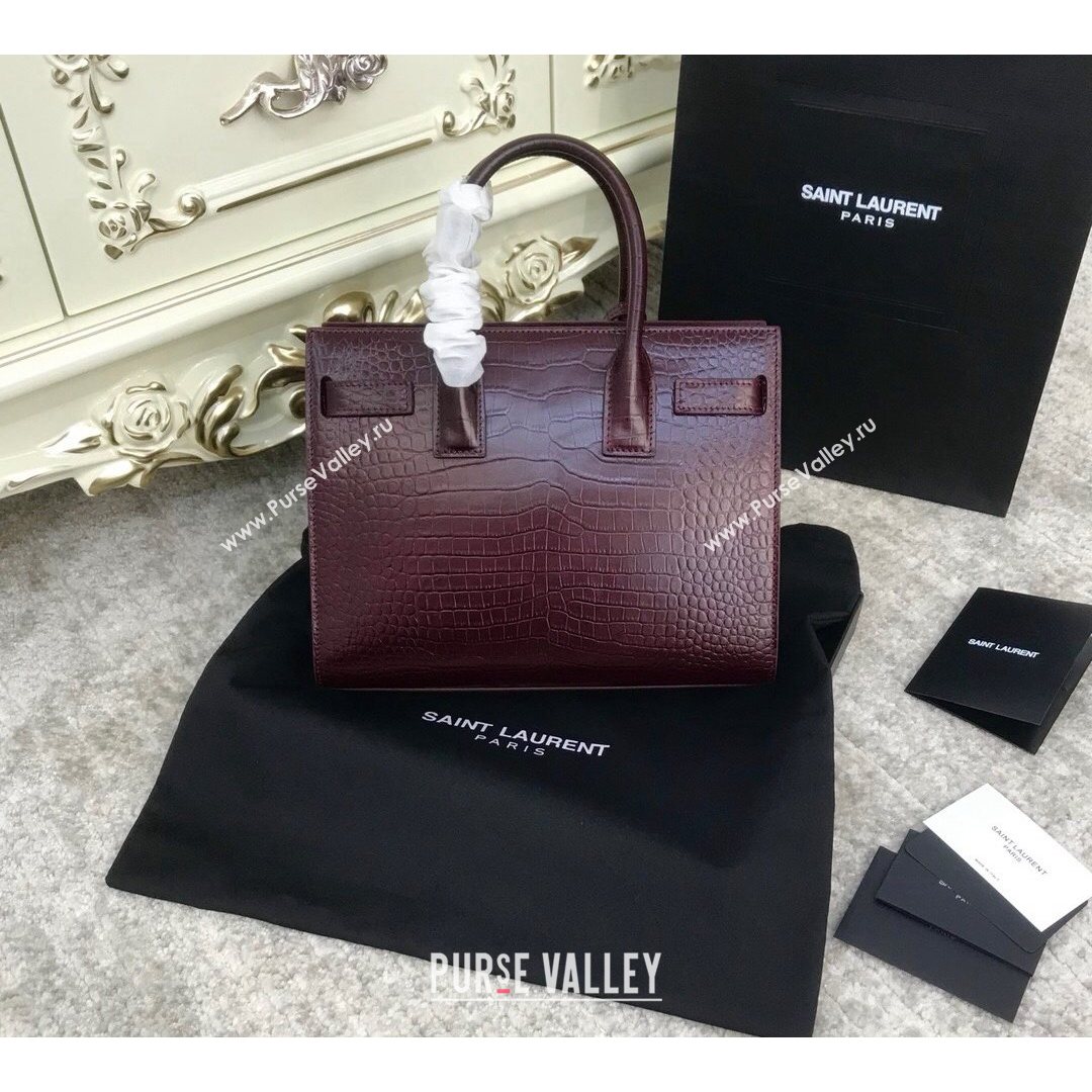 Saint Laurent Classic Baby Sac De Jour Bag in Embossed Crocodile Leather Burgundy 2021 (YID-210827064)