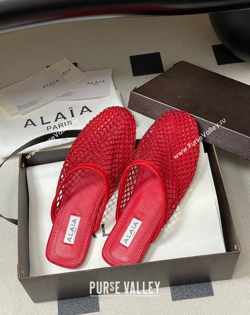 Alaia Flat Mules in Fishnet and Suede with Strass Red 2025 AL020703 (MD-260207062)